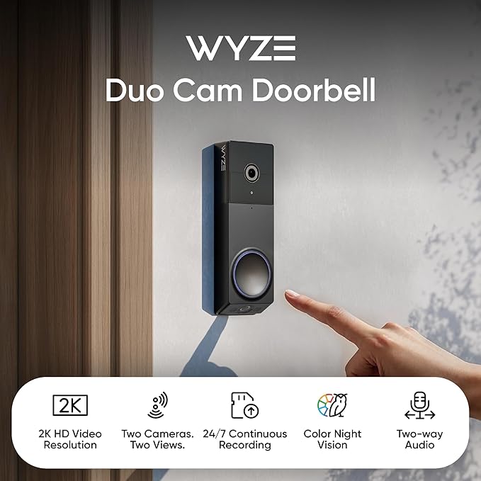 WYZE Wireless Duo Cam Video Doorbell (Chime Included), Battery Powered, 2K Full HD Video, 2 Cameras (People and Package), 2-Way Audio, Color Night Vision