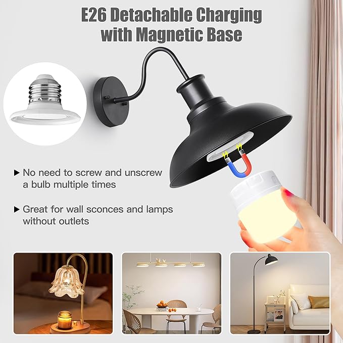 E26 Rechargeable Light Bulbs with Remote, Battery Operated Backup Bulb with Remote and Timer for Sconces Lamps Detachable Wireless Emergency, 3 Color Temperatures + 9 RGB Colors, Non-Hardwired, 2 Pack