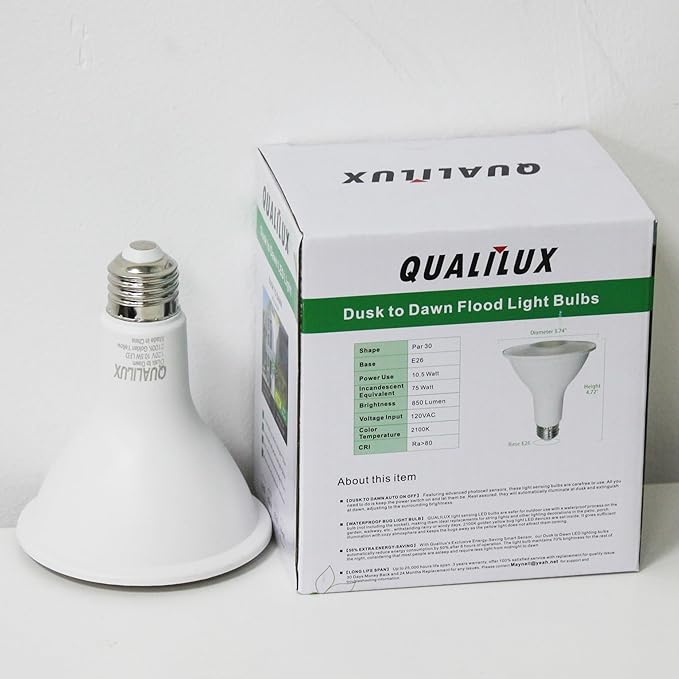 Qualilux PAR30 Dusk to Dawn LED Yellow Light Bulbs, 2100K Golden Yellow Light, 75W Equivalent, 850LM, Auto On/Off Light Sensing Flood Light Outdoor Bulb, 10.5W, 2 Pack, E26 Base, Non-Dimmable, HQ-H051