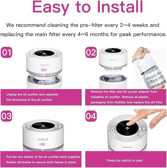 AZEUS Air Purifier for Home, HEPA Filter Captures 99.97% Dust & Smoke, 3-Stage Filtration System, Helps promote better sleep, Portable, White
