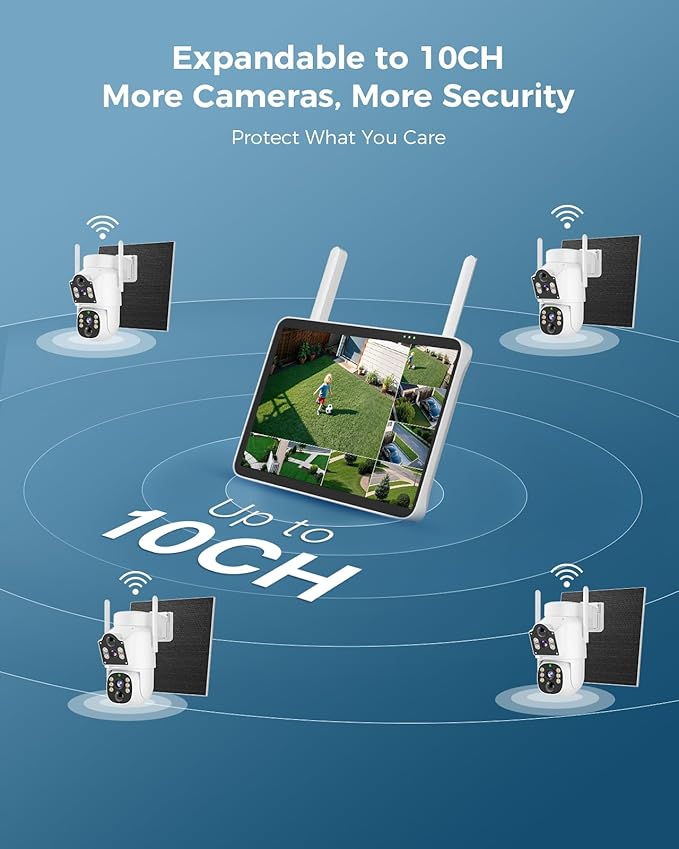 Hiseeu Solar Security Cameras Wireless Outdoor, Auto Tracking Dual-Lens Wireless Cameras for Home Security with 10" Touchscreen, 2.4 & 5GHz WiFi Pro 4MP 4 Cam-Kit, 2 Way Audio, 1TB HDD, 0 Monthly Fee