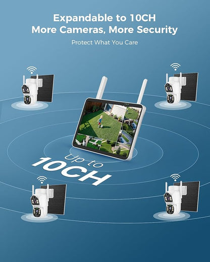 Hiseeu Solar Security Cameras Wireless Outdoor, Auto Tracking Dual-Lens Wireless Cameras for Home Security with 10" Touchscreen, 2.4 & 5GHz WiFi Pro 4MP 4 Cam-Kit, 2 Way Audio, 1TB HDD, 0 Monthly Fee