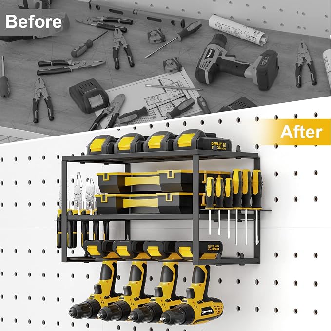 SPACECARE Power Tool Organizer- 1 Pack 3 Layers Rack for 4 Drill Holders | Heavy Duty Tool Shelf Durable Wall Mount Tool Storage Rack for Work Shop, Garage Organization, 150Lbs Load Capacity, Black