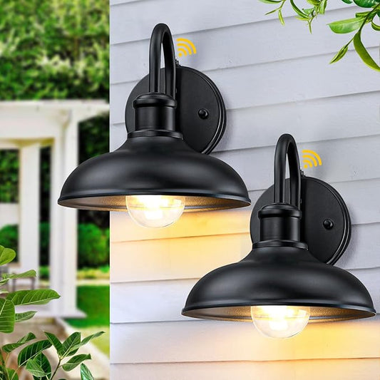 Dusk to Dawn Gooseneck Outdoor Light Fixtures, 2-Pack Farmhouse Barn Lights for Porch, Industrial Black Exterior Wall Sconce for Garage, Patio, E26 Base Anti-Rust for Garage Frontdoor Entryway Doorway