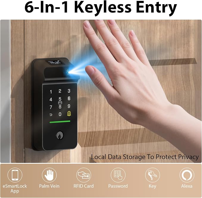 Keyless Entry Door Lock Palm Vein, Bestkid Smart Lock for Front Door with Wireless Doorbell Built-in WiFi, Biometric Deadbolt App Remote Alexa Control Auto Lock Rechargeable Battery