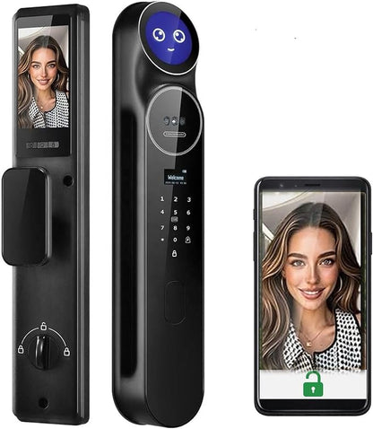 3D Face Recognition Smart Door Lock with Camera: AI Voice commandes, Video Intercom, Palm Vine, Tuya App Access, Biometric Fingerprint& Keyless Entry, Heavy Duty, Aluminum, for Home & Office