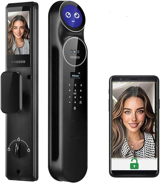 3D Face Recognition Smart Door Lock with Camera: AI Voice commandes, Video Intercom, Palm Vine, Tuya App Access, Biometric Fingerprint& Keyless Entry, Heavy Duty, Aluminum, for Home & Office
