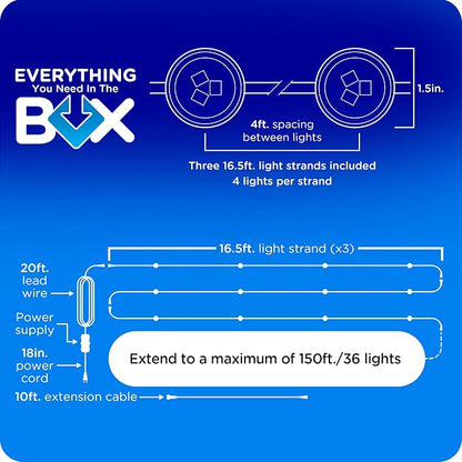 Enbrighten Accent Permanent Outdoor Lights, 50ft, 12 Lights, Smart | White Cord, RGBWIC LEDs, Weatherproof, Cuttable, Link to 200ft, Christmas, App Control, Works with Alexa & Google Home
