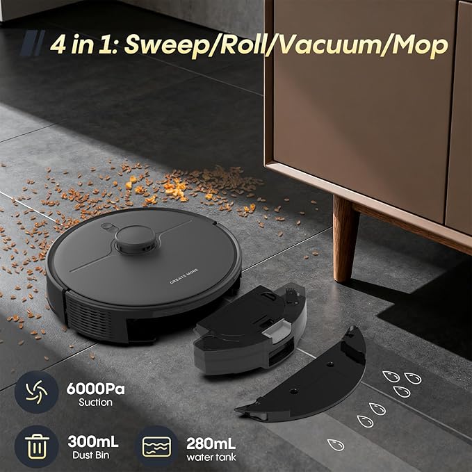 Robot Vacuum and Mop Combo, 90 Days Self-Emptying, 6000Pa Powerful Suction, Home Mapping, Easy Custom Robotic Vacuum for Pet Hair, Dust, Carpet, WiFi/Alexa