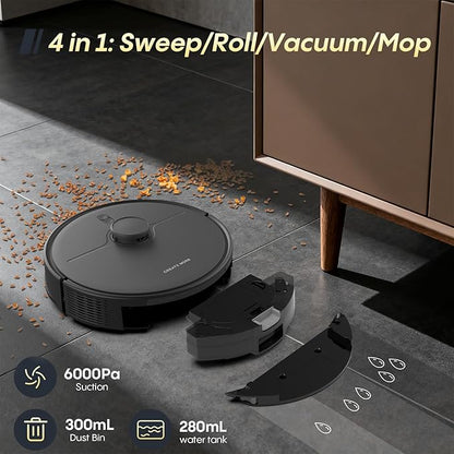 Robot Vacuum and Mop Combo, 90 Days Self-Emptying, 6000Pa Powerful Suction, Home Mapping, Easy Custom Robotic Vacuum for Pet Hair, Dust, Carpet, WiFi/Alexa