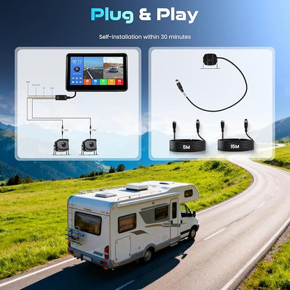 RV Backup Camera,7'' Backup Camera Monitor,1080P 4K,2 Channels,Wide Angle,DIY Guide Lines,Night Vision,IP69 Rear View Camera Waterproof+5m/15m Extension Cord for Bus/RV/Truck/Trailer-Plug and Play