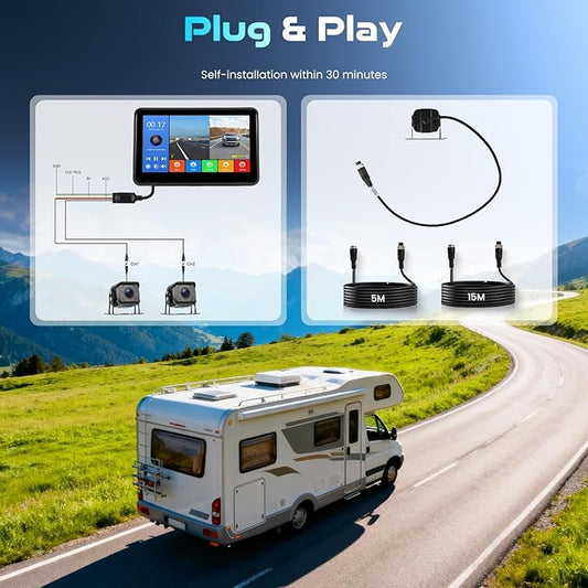 RV Backup Camera,7'' Backup Camera Monitor,1080P 4K,2 Channels,Wide Angle,DIY Guide Lines,Night Vision,IP69 Rear View Camera Waterproof+5m/15m Extension Cord for Bus/RV/Truck/Trailer-Plug and Play