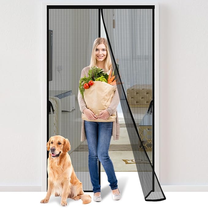 Magnetic Screen Door - Fits Door Opening 32 x 82 in, Actual Screen Size 34"x84", Hands Free Mesh Partition, Heavy Duty Curtain Keeps Bugs Out, Frame Hook & Loop, Pet and Kid Friendly