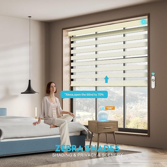 Motorized Zebra Blinds with Remote, Work with HomeKit Alexa, Smart Light Filtering Horizontal Automatic Electric Window Shades for Home Office Customsize（90% Blackout Ivory White）