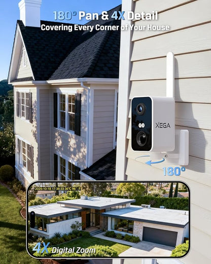 Xega 4G Cellular Security Camera: 10000mAh Battery, No WiFi Need, Pan 180°, Motion Detection, 2K Color Night Vision, 2-Way Audio, Siren Alarm, TF/Cloud IP66, Built-in SIM Card, Indoor and Outdoor
