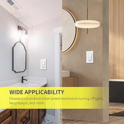 Minoston Timer Lights Switch, 1-60 Min, Countdown Wall Timer for Bathroom Fans, Heaters, Adjustable LED Brightness, 120VAC, Neutral Required, ETL and FCC Listed, White (MT11N)