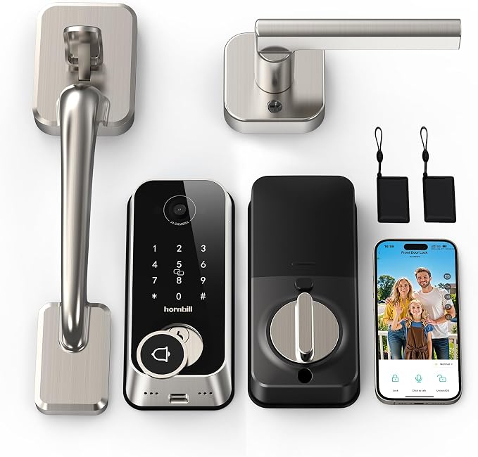 Smart Front Door Lock Sets: 2K HD Camera Lock with Doorbell Kits, Hornbill Fingerprint Keyless Entry Door Lock with Handles, WiFi Deadbolt (only 2.4G) for Remote Control, Auto Lock,Satin Nickel