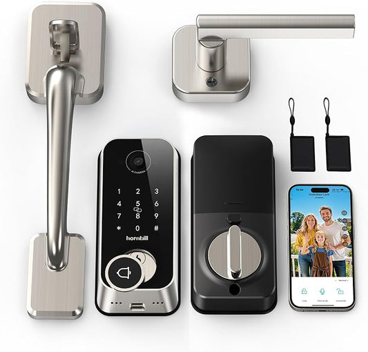 Smart Front Door Lock Sets: 2K HD Camera Lock with Doorbell Kits, Hornbill Fingerprint Keyless Entry Door Lock with Handles, WiFi Deadbolt (only 2.4G) for Remote Control, Auto Lock,Satin Nickel