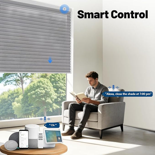 Motorized Cellular Shades with Remote, Light Filtering Smart Cellular Shades Compatible with Alexa, Honeycomb Window Blinds for Bedroom Home Office, Custom Size, Half Shading Grey