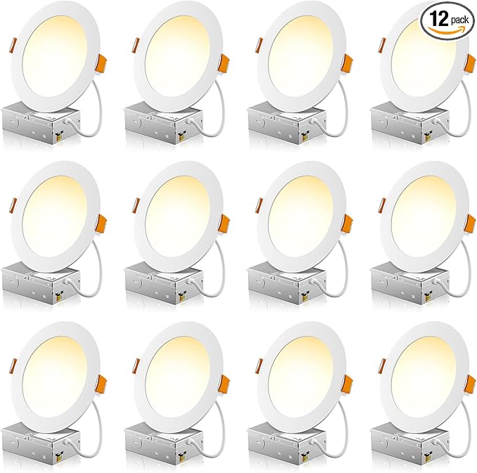 12 Pack 6 Inch 5CCT Ultra-Thin LED Recessed Ceiling Light with Junction Box, 2700K/3000K/3500K/4000K/5000K Selectable, 1050LM Brightness, Dimmable Canless Wafer Downlight, 12WEqv110W, ETL&FCC