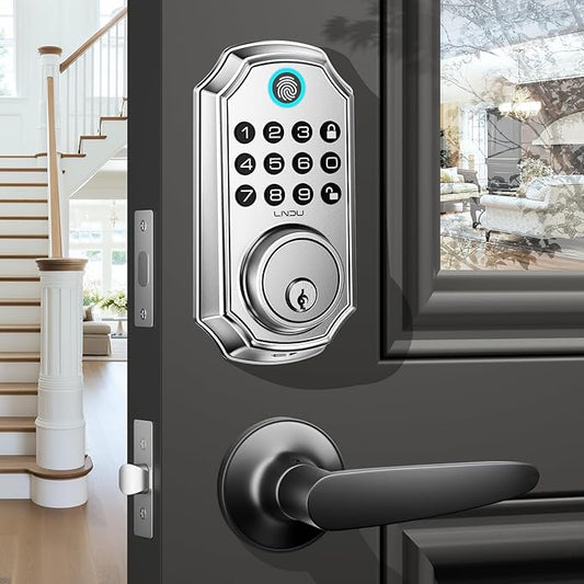 Keyless Entry Door Lock, Smart Deadbolt Lock with Handleset D180 & D280 (Fingerprint & Leveler) (Metallic)
