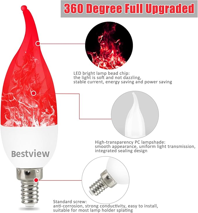 Bestview LED Flame Effect Light Bulbs,3 Modes Flickering Light Bulbs, Smart E12 Chandelier Base Candle Fire Light Bulb for Halloween, Christmas, Porch Indoor&Outdoor Home Decoration -6 Pack(Red)