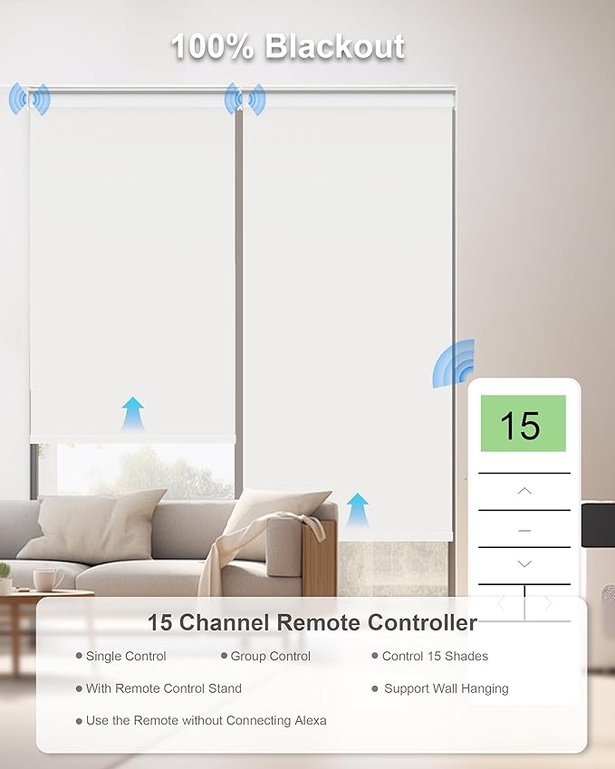 Motorized Blinds with Remote Control, Smart Blackout Automatic Blinds Work with Homekit Alexa Google Home, Rechargeable Electric Window Roller Shades with Valance, Customized Size (Vinyl White)