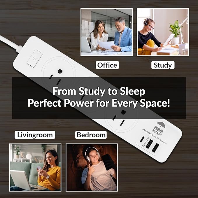 WBM Smart Power Strip 5.9 ft 10 A - Extention Cord Socket, Pack of 2 with 2 USB Ports and 1 Type C Plug, Multi Outlet Extender for Home, Office and Dorm Room