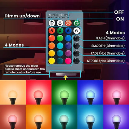 Color Changing Light Bulb with Remote,15W A21 E27 Warm White 2700k 800LM Dimmable LED Light Bulb,Memory Function,16 Color Multicolor RGB Flood Light for Bedroom Indoor Party(1Pack)