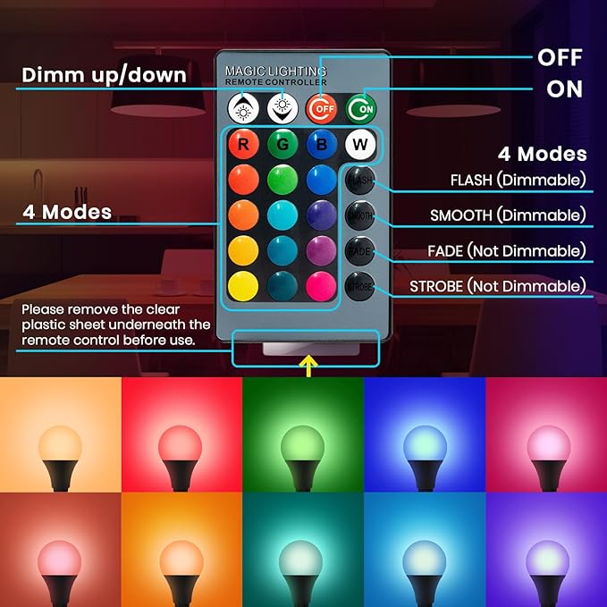 Color Changing Light Bulb with Remote,9W A19 E27 Warm White 2700k 500LM Dimmable LED Light Bulb,Memory Function,16 Color Multicolor RGB Flood Light for Bedroom Indoor Party(1Pack)