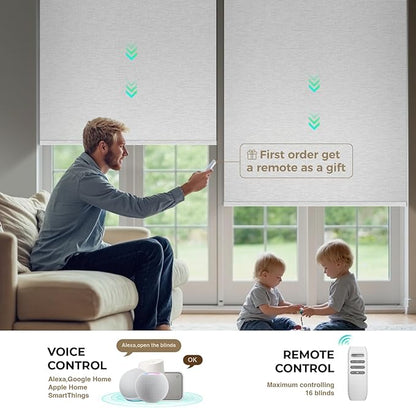 HeyBlinds Motorized Blinds with Remote, 100% Blackout Smart Blinds, Automatic Shades for Windows Compatible with Alexa Google and Homekit, Custom Size (Silver Lining-White Clouds BO)