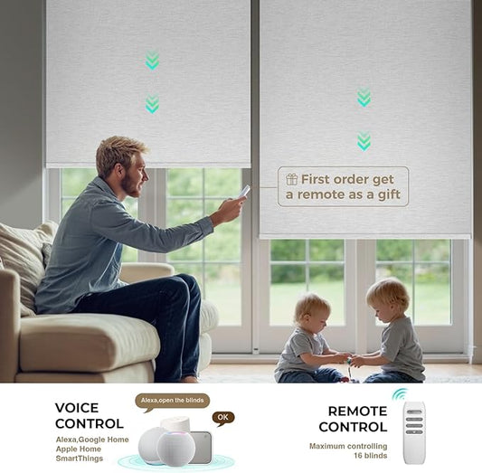 HeyBlinds Motorized Blinds with Remote, 100% Blackout Smart Blinds, Automatic Shades for Windows Compatible with Alexa Google and Homekit, Custom Size (Silver Lining-White Clouds BO)