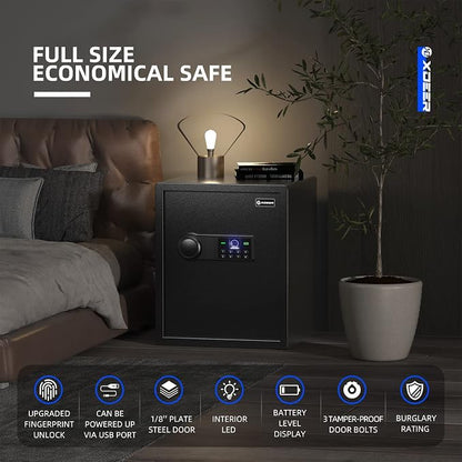 XDeer 1.69 CuFt Biometric Safe with Fireproof Bag, Home Safe for 4 Pistols | Fingerprint Safe Box with Backlit Keypad & LED Light, Money Safe for Cash/Jewelry//Documents/Gun, Removable Shelf & Gun Rack