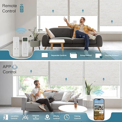 Motorized Roller Shade, 100% Blackout Smart Window Blinds Work with Homekit, Alexa, Google Home, Remote Control, Electric Blinds with USB/Solar Pannel Charging, Linen White