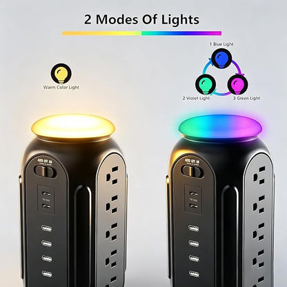 Power Tower with Retractable Cord, Surge Protector Tower with PD 30W USB-C (Single Port 30W/2 Ports 15W Each), 15 AC Outlets, 6.5ft Flat Plug, High-Power Fast Charging Station for Home and Office