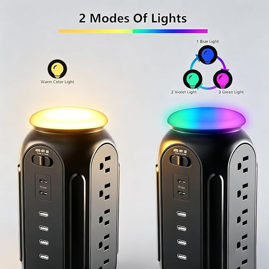 Power Tower with Retractable Cord, Surge Protector Tower with PD 30W USB-C (Single Port 30W/2 Ports 15W Each), 15 AC Outlets, 6.5ft Flat Plug, High-Power Fast Charging Station for Home and Office