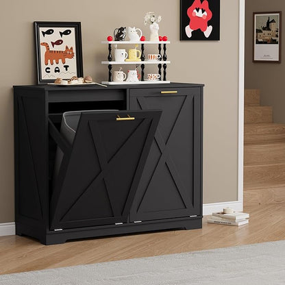 Double Tilt Out Trash Can Cabinet, Wooden Farmhouse Kitchen Garbage Bin Enclosure with Negative Ion Odor Control, Hidden Dog Proof Trash or Laundry Basket Storage for Laundry Room, Black