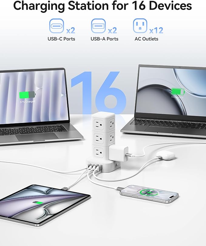 ORICO Tower Power Strip with Surge Protection, Charging Station Tower with 12 AC Outlets 4 USB Ports (2 USB C), Space Saving Design, 5FT Tower Extension Cord for Home, Office, Dorm - TPP20