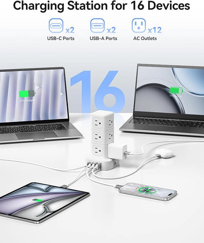ORICO Tower Power Strip with Surge Protection, Charging Station Tower with 12 AC Outlets 4 USB Ports (2 USB C), Space Saving Design, 5FT Tower Extension Cord for Home, Office, Dorm - TPP20