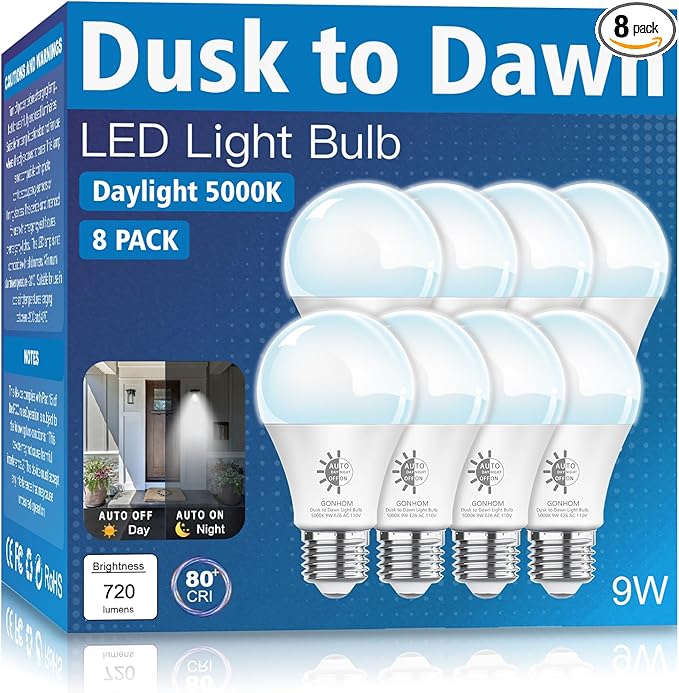 Gonhom 8 Pack Dusk to Dawn Light Bulbs Outdoor, 5000K-Daylight, 720LM, 9W(60W Equivalent) A19 E26 Automatic On/Off LED Light Bulbs, Dusk to Dawn LED Outdoor Lighting for Porch Garage Patio