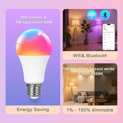 VTimes Smart Light Bulbs, A19 E26 WiFi Bluetooth LED Smart Bulb, Color Changing RGBCW Dimmable Bulb, Works with Alexa & Google Home, 16 Million Colors 2700K-6500K, 9W 800 Lumens 60W Equivalent, 4 Pack