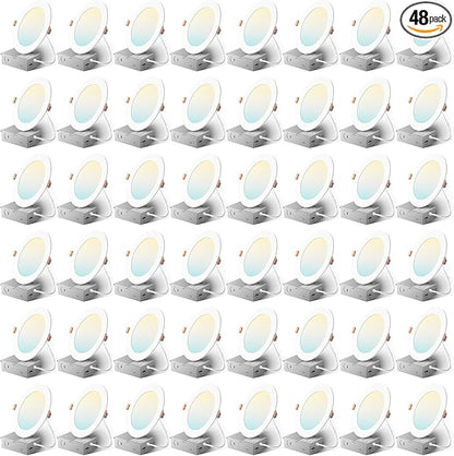 Amico 48 Pack 6 Inch 5CCT Ultra-Thin LED Recessed Ceiling Light with Metal Junction Box, 2700K-5000K Selectable, 12W Eqv 110W, Dimmable Canless Wafer Downlight with Plastic Trim, 1050 Lumens -ETL&FCC