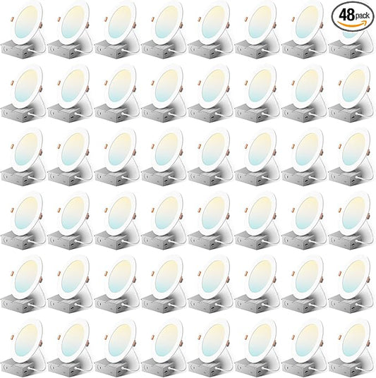Amico 48 Pack 6 Inch 5CCT Ultra-Thin LED Recessed Ceiling Light with Metal Junction Box, 2700K-5000K Selectable, 12W Eqv 110W, Dimmable Canless Wafer Downlight with Plastic Trim, 1050 Lumens -ETL&FCC