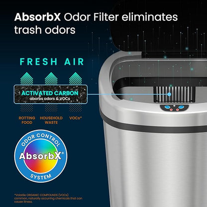 SensorCan 50 Liter / 13 Gallon Kitchen Trash Can with AC Adapter & Odor Filter Kit – Motion Sensor Stainless Steel Garbage Bin for Home, Office, Garage – Slim Oval Shape, Large Capacity Design