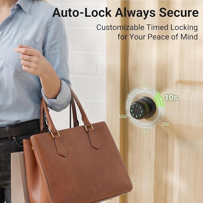 Smart Keypad Door Knob, Keyless Entry Door Lock with Auto Lock and Low Battery Alert, 50 User Codes, Easy Installation, Matte Black, for Front Door Bedroom Office Apartment