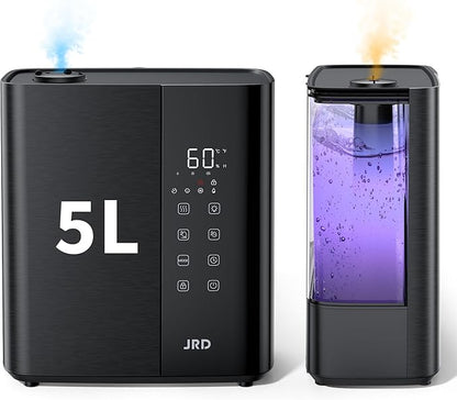 JRD Warm & Cool Mist Humidifiers for Bedroom 5L, Quiet Ultrasonic Air Humidifier Fast Symptom Relief, 50H Runtime, Oil Diffuser, 12H Timer, 7 Color Light for Large Room, Office, Baby, Plants-Black