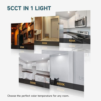 ECOELER 6 Pack 6 Inch 5CCT Ultra-Thin LED Recessed Ceiling Light with Junction Box, 2700K/3000K/4000K/5000K/6000K Selectable, 12W, 1100Lm, Dimmable Canless Recessed Lighting, ETL&FCC Listed