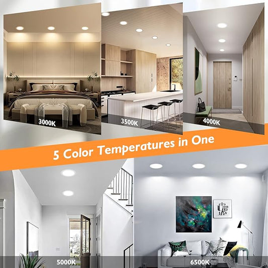 BesLowe 4 Packs 6 Inch 5CCT LED Recessed Ceiling Lights Ultra-Thin with Junction Box, 12W 150W Eqv, 3000K/3500K/4000K/5000K/6500K, 1200LM Dimmable Canless Downlights for Kitchen Hallway Dining Room