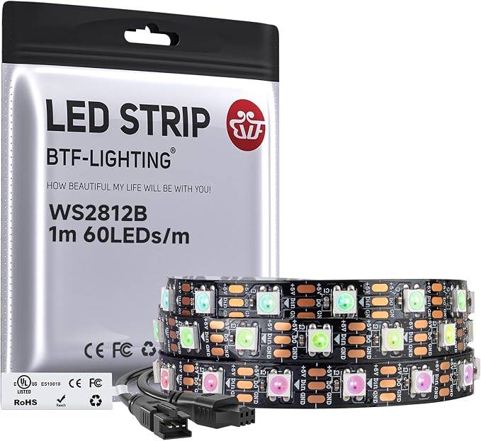 BTF-LIGHTING WS2812B IC RGB LED Strip,UL Listed,Pure Gold Wires,DC5V 3.28FT 60LED 5050SMD,Individually Addressable,Flexible for DIY Chasing Full Color Project,3M Tape,IP30(No Adapter or Controller)