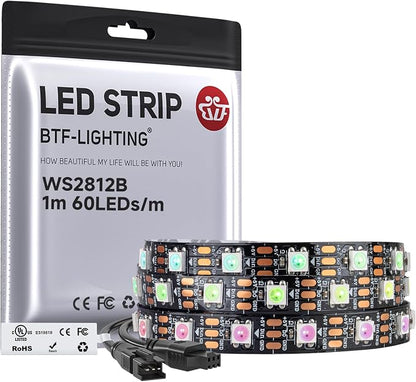 BTF-LIGHTING WS2812B IC RGB LED Strip,UL Listed,Pure Gold Wires,DC5V 3.28FT 60LED 5050SMD,Individually Addressable,Flexible for DIY Chasing Full Color Project,3M Tape,IP30(No Adapter or Controller)